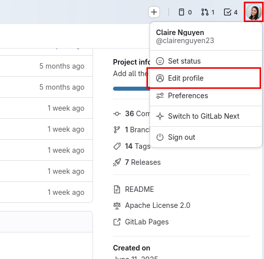GitLab account, Edit Profile option